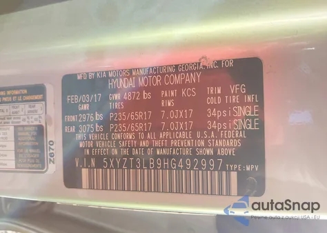 2017 Hyundai Santa Fe Sport 2.4L from USA, damaged, VIN 5XYZT3LB9HG492997